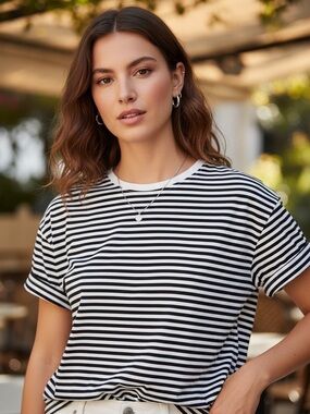 Caslon Womens Size XL Scoop Neck Short Puff Sleeve Top White-Black Cotton